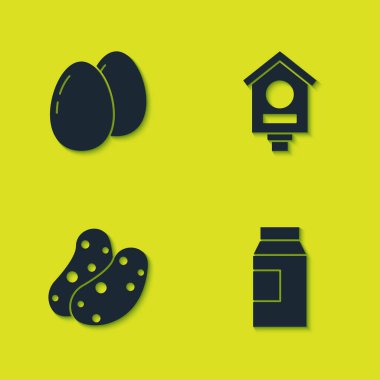 Tavuk yumurtası, süt paketi, patates ve kuş evi ikonu. Vektör.