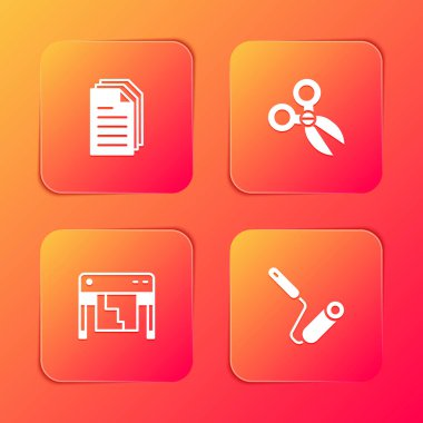 Dosya belgesini, makasları, çiziciyi ve boya fırça simgesini ayarla. Vektör.