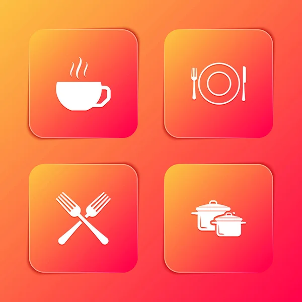 Set Koffiebeker Bord Vork Mes Crossed Cooking Pot Icoon Vector — Stockvector