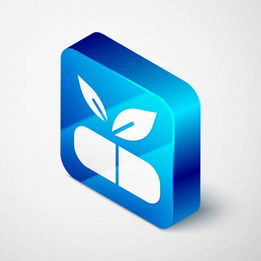 Gri arka planda bitki ikonu olan Isometric Medikal hapı. Bitkisel hap. Mavi kare düğme. Vektör.