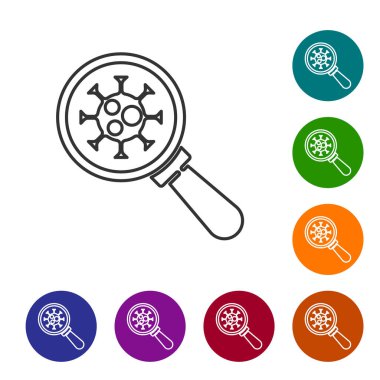 Büyüteç simgesinin altındaki siyah çizgi virüsü beyaz arka planda izole edilmiş. Corona virüsü 2019-nCoV. Bakteriler, mikroplar, mantarlar. Simgeleri renk daire düğmelerine ayarla. Vektör..