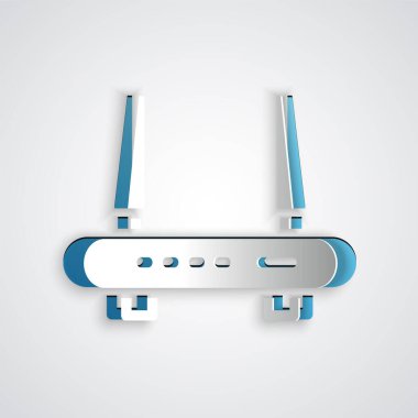 Kağıt kesiği Router ve wi-fi sinyal simgesi gri arkaplanda izole edildi. Kablosuz ethernet modem yönlendirici. Bilgisayar teknolojisi interneti. Kağıt sanatı tarzı. Vektör.