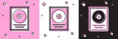 CD disk ödülünü pembe beyaz ve siyah arkaplanda izole edilmiş çerçeve simgesine göre ayarla. Modern tören. En çok satan. Müzik kupası. Vektör.