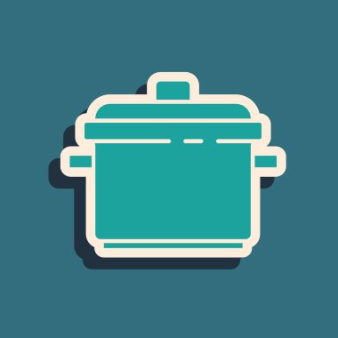 Yeşil tencere simgesi yeşil arka planda izole edildi. Haşlama ya da güveç besin sembolü. Uzun gölge tarzı. Vektör.