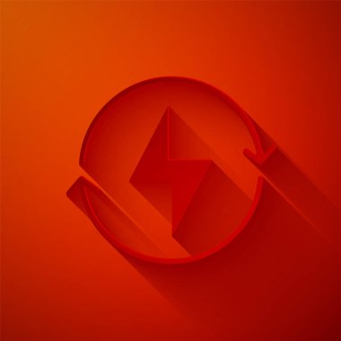 Kağıt kesiği Şimşek simgesi kırmızı arkaplanda izole edildi. Flaş işareti. Flaş ikonunu yükle. Gök gürültüsü. Yıldırım çarpması. Kağıt sanatı tarzı. Vektör.