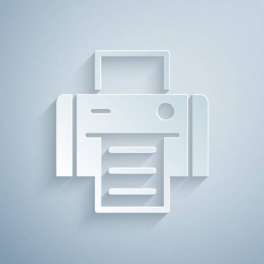 Kağıt kesiği Yazıcı simgesi gri arkaplanda izole edildi. Kağıt sanatı tarzı. Vektör.