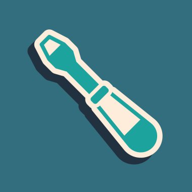 Yeşil tornavida simgesi yeşil arkaplanda izole edildi. Servis aracı sembolü. Uzun gölge tarzı. Vektör.