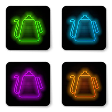Beyaz arkaplanda izole edilmiş kabza simgesi olan parlak neon çizgisi Kettle. Çaydanlık ikonu. Siyah kare düğme. Vektör İllüstrasyonu.
