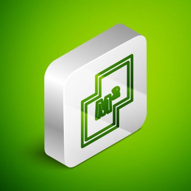 Isometric Line House planı simgesi yeşil arka planda izole edildi. Gümüş kare düğme. Vektör.