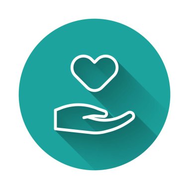 Beyaz çizgi kalp, uzun gölgeyle izole edilmiş bir ikon. El çabukluğu aşk sembolü. Sevgililer Günü sembolü. Yeşil daire düğmesi. Vektör.