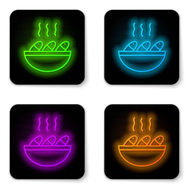 Beyaz zemin üzerinde parlayan neon hattı balık çorbası ikonu izole edildi. Siyah kare düğme. Vektör..
