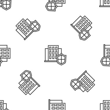 Beyaz arka planda, Gri Çizgili Ev ve kalkan ikonu izole edilmiş kusursuz desen. Sigorta konsepti. Güvenlik, güvenlik, koruma, konsept koruma. Vektör..