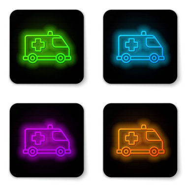 Parlayan neon hattı ambulans ve acil durum arabası simgesi beyaz arka planda izole edildi. Ambulans aracı tıbbi tahliye. Siyah kare düğme. Vektör..