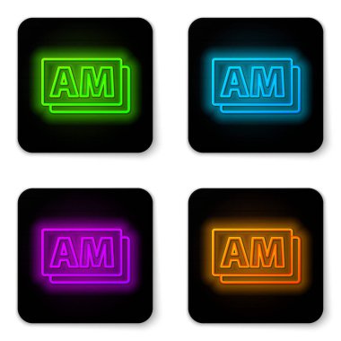 Parlayan neon hattı AM simgesi beyaz arkaplanda izole edildi. Zaman sembolü. Siyah kare düğme. Vektör.