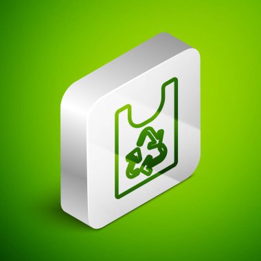 Yeşil arka planda izole edilmiş geri dönüşüm simgesiyle izole edilmiş plastik poşet. Geri dönüşüm sembollü çanta. Gümüş kare düğme. Vektör.