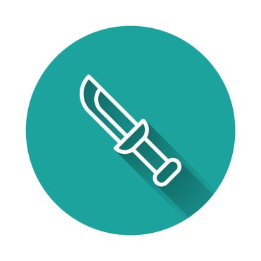 Uzun gölgeli beyaz çizgi askeri bıçak ikonu. Yeşil daire düğmesi. Vektör.