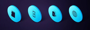 Isometric Earth Globe, Power Bank, Bluetooth 'lu Smartphone ve Micro SD hafıza kartı simgesini ayarla. Vektör.