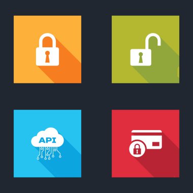 Kilidi aç, asma kilidi aç, Cloud api arayüzünü aç ve ikonlu kredi kartını hazırla. Vektör.