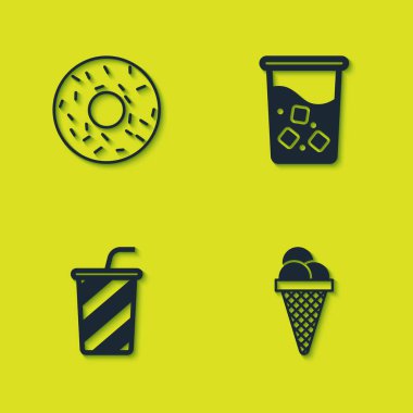 Donut, waffle külahında dondurma, su ve ikonlu bardak. Vektör.