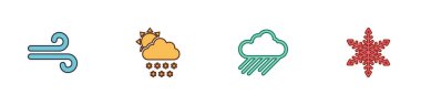 Rüzgar, Bulut, kar ve güneş, yağmur ve kar tanesi ikonu. Vektör.