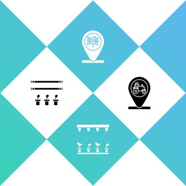 Smart çiftliğini ampul ve bitki, otomatik sulama fıskiyeleri, konum ağacı ve traktör konum ikonu ile ayarla. Vektör.