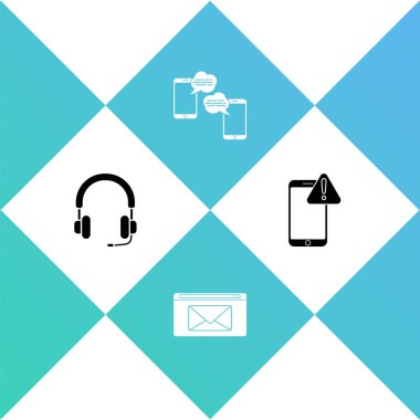 Kulaklığı, e-postayı, sohbet mesajlarını, cep telefonunu ve ünlem simgesi olan cep telefonunu ayarla. Vektör.