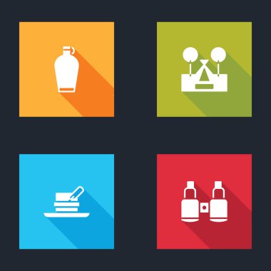 Kantin su şişesi, turist çadırı, tüylü Avcı şapkası ve dürbün simgesi. Vektör.