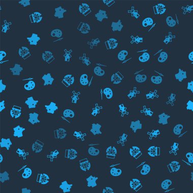 Gargoyle 'u kaideye, Yel Değirmeni' ne paletli boya fırçasına ve Fransa Haritası 'na yerleştirin. Vektör.