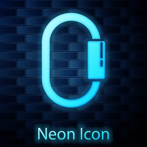 Glödande Neon Carabiner Ikon Isolerad Tegel Vägg Bakgrund Extrem Sport — Stock vektor