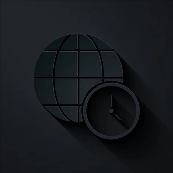 Corte Papel Icono Del Tiempo Mundial Aislado Sobre Fondo Negro — Vector de stock