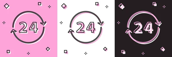 ピンクと白 黒の背景に隔離されたクロック24時間アイコンを設定します 丸一日アイコン 24時間サービスシンボル ベクトル — ストックベクタ