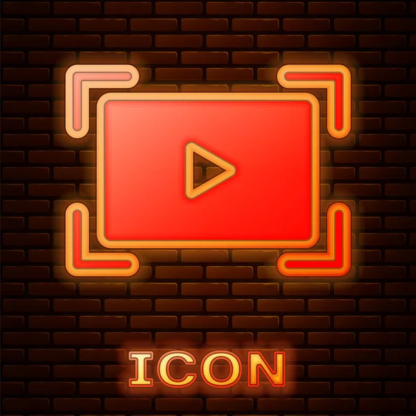 Glowing Neon Online Play Video Icon Isolated Brick Wall Background — Stock Vector