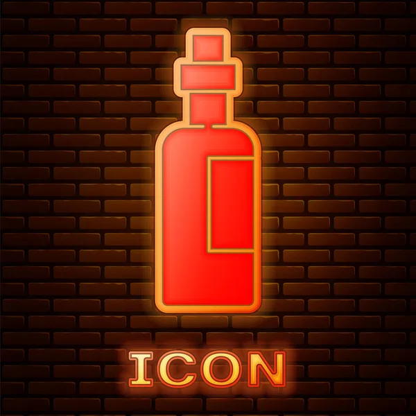 Gloeiende Neon Fles Olijfolie Pictogram Geïsoleerd Baksteen Muur Achtergrond Kan — Stockvector