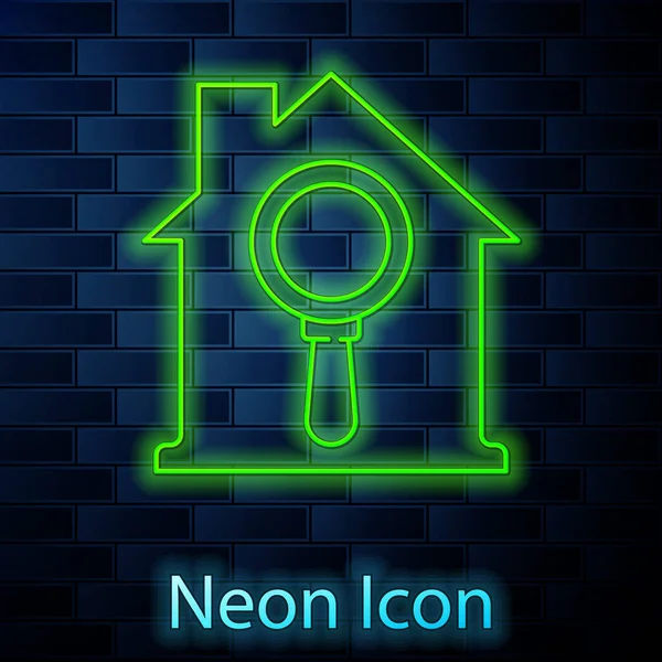 Glowing Neon Line Search House Icon Isolated Brick Wall Background — Stock Vector