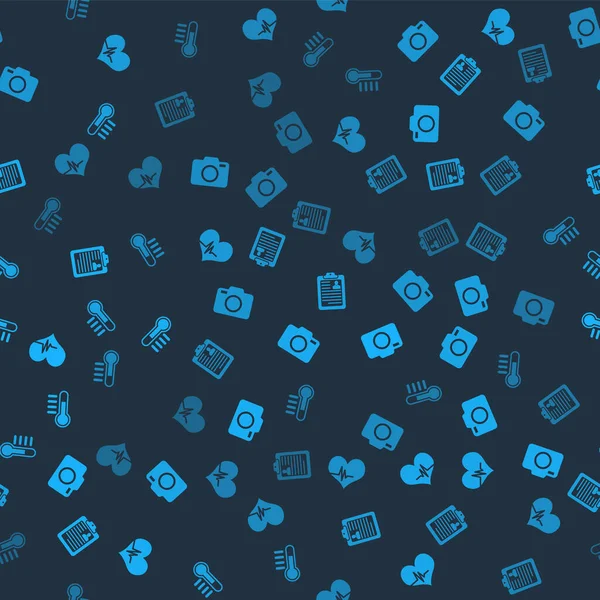 Kalp atışını, fotoğraf makinesini, özgeçmişli panoyu ve termometreyi kusursuz şekilde ayarla. Vektör.