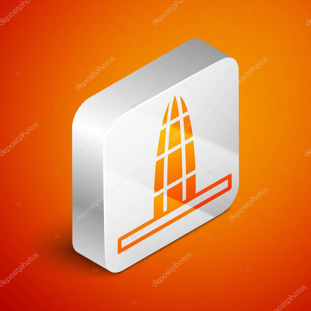 Isometric Agbar tower icon isolated on orange background. Barcelona, Spain. Silver square button. Vector.