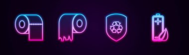 Tuvalet kağıdı rulosunu, kalkanın içindeki geri dönüşümü ve çevre doğa yaprağını ve bataryasını ayarla. Parlayan neon ikonu. Vektör.