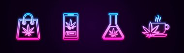 Marihuana, online alışveriş, test tüpü ve kupa çayı. Parlayan neon ikonu. Vektör.