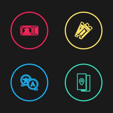 Satır Çevirmeni, Kapak Kitabı Seyahat Rehberi, Bilet ve Müze bileti simgesi. Vektör.