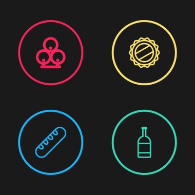 Fransız ekmeği, bira şişesi, şişe kapağı ve tahta fıçı ikonu. Vektör.