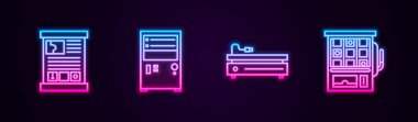 Satır Oyun Rehberi, Bilgisayar, Oyun konsolu ve Slot makinesini ayarla. Parlayan neon ikonu. Vektör.
