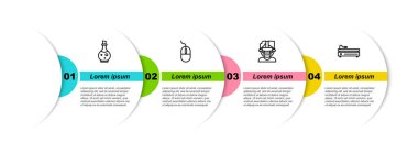 Sihirli iksir, bilgisayar faresi, sanal gerçeklik gözlüğü ve video oyun konsolu olan bir satır ayarla. Ticari bilgi şablonu. Vektör.