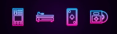 Satır Oluştur hesap ekranı, video oyun konsolu, elmaslar ve CD veya DVD disk kutulu kart oynatılıyor. Parlayan neon ikonu. Vektör.