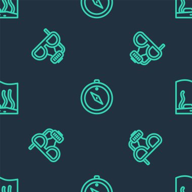 Pusulayı, dalış maskesini, şnorkeli ve akvaryumu kusursuz desene ayarlayın. Vektör