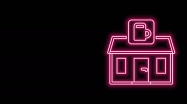 Parlayan neon hattı siyah arka planda izole edilmiş bira dükkanı ikonu binası. Bira fabrikası tabelası. 4K Video hareketli grafik canlandırması