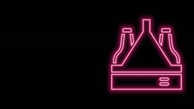 Parlayan neon hattı bira şişesi ikonu siyah arka planda izole edildi. Kutu bira kutusu tabelası. 4K Video hareketli grafik canlandırması
