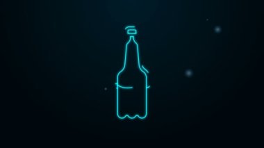 Parlayan neon hattı siyah arka planda izole edilmiş plastik bira şişesi ikonu. 4K Video hareketli grafik canlandırması