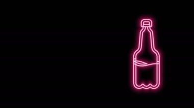 Parlayan neon hattı siyah arka planda izole edilmiş plastik bira şişesi ikonu. 4K Video hareketli grafik canlandırması
