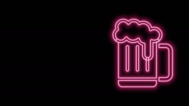 Parlayan neon hattı, siyah arka planda izole edilmiş tahta bardak ikonu. 4K Video hareketli grafik canlandırması