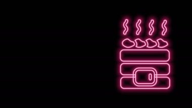 Parlayan neon hattı Sıcak sauna taşları simgesi siyah arkaplanda izole edildi. Spa tatil beldesi, hamamda dinlenme. Elektrikli ısıtıcıda sıcak taşlar. 4K Video hareketli grafik canlandırması